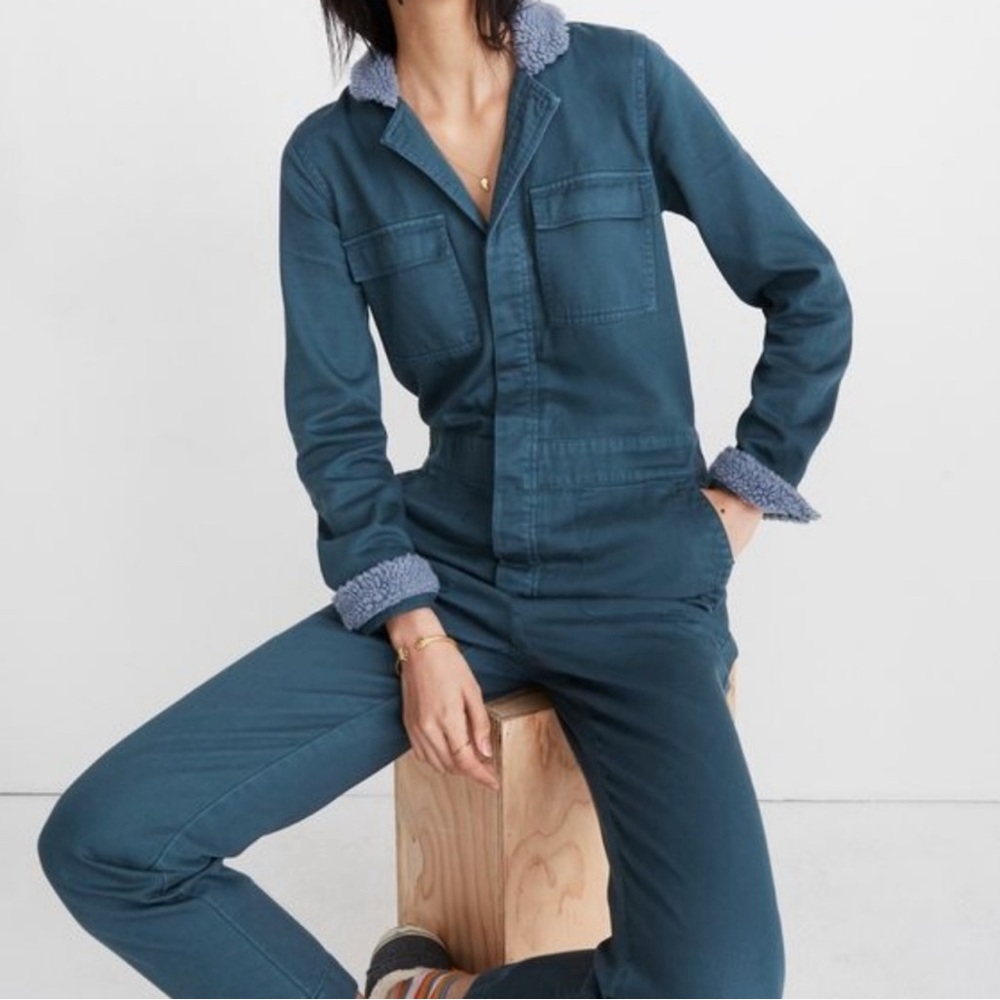 Madewell Teal Utility Jumpsuit with Sherpa Trim